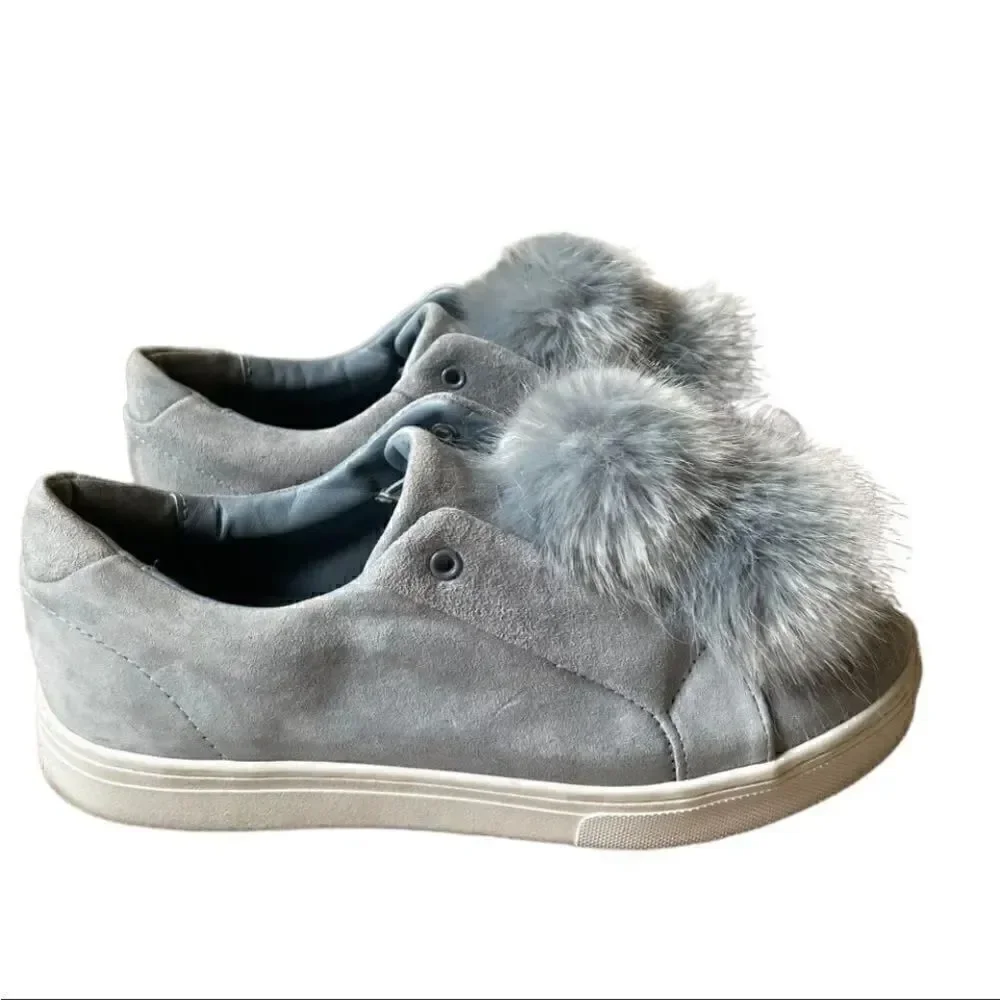 Steve Madden Bryanne Fluff Ball Platform Slip On Sneakers, Grey Multi Suede  9